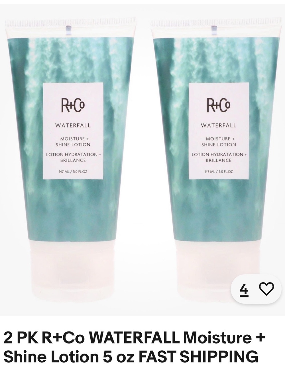 R+Co Waterfall Moisture + Shine Lotion – teal green packaging